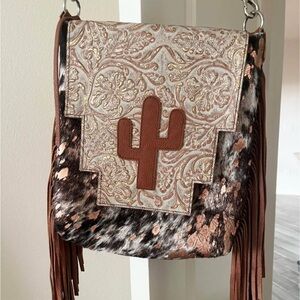 Western fringe cactus cowhide purse